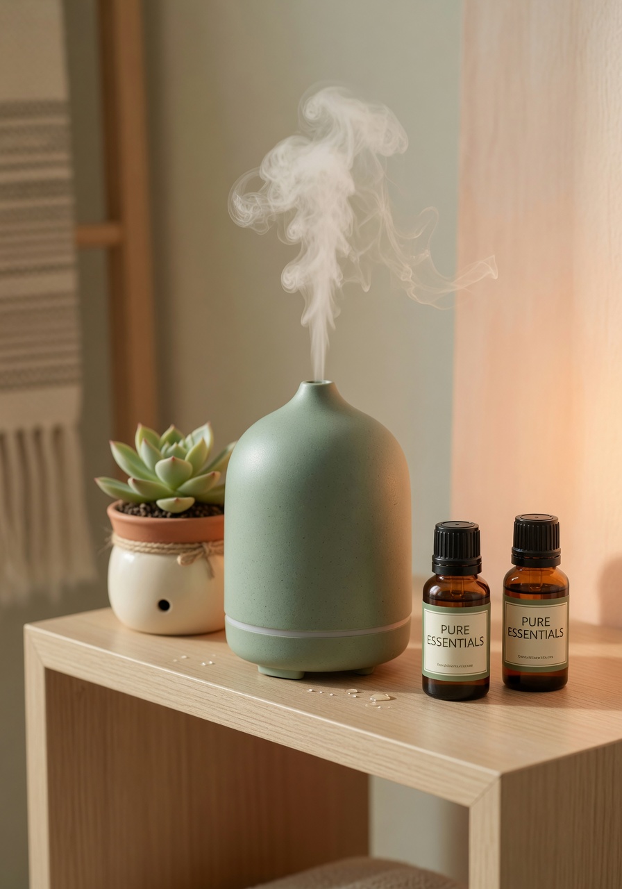 Ceramic aromatherapy diffuser with mist on a wooden shelf