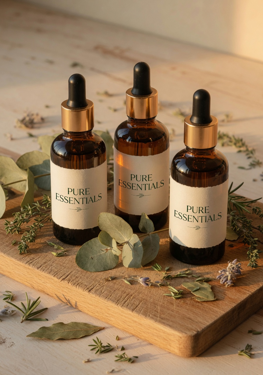 Premium essential oil bottles on a wooden board with dried botanicals
